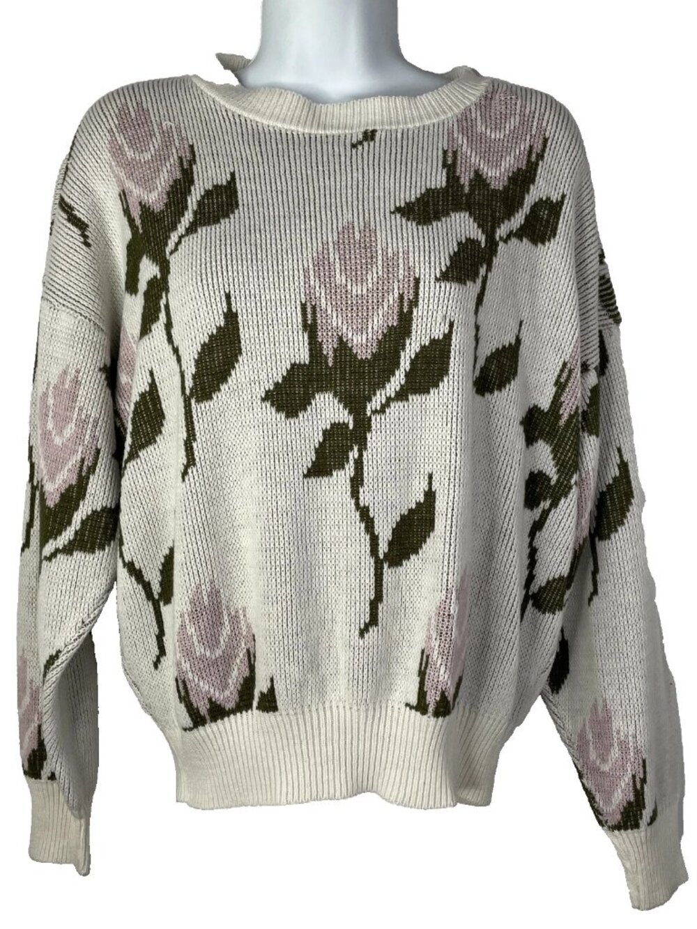 Vintage 80s Major Motion Rose Sweater Size M White Lavender Needlepoint Knit